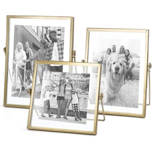 Set of 3 Glass Photo Frame Collection Simple Metal Geometric Picture - Picture 7 of 14